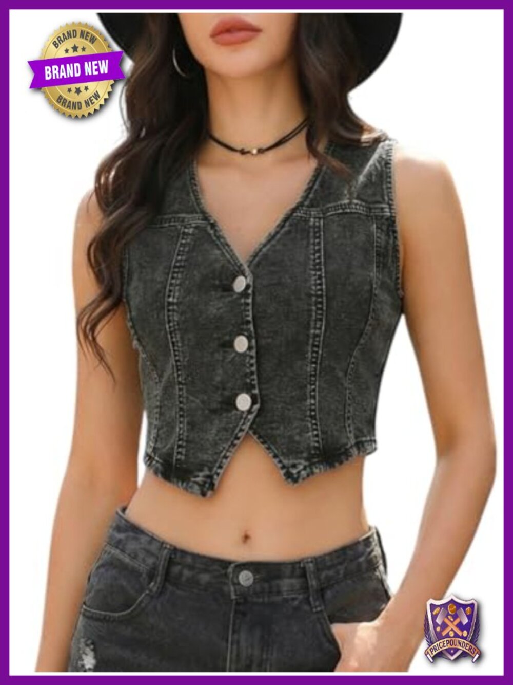 Cropped Denim Vest Top Sleeveless V Neck Button Down Jean Vest